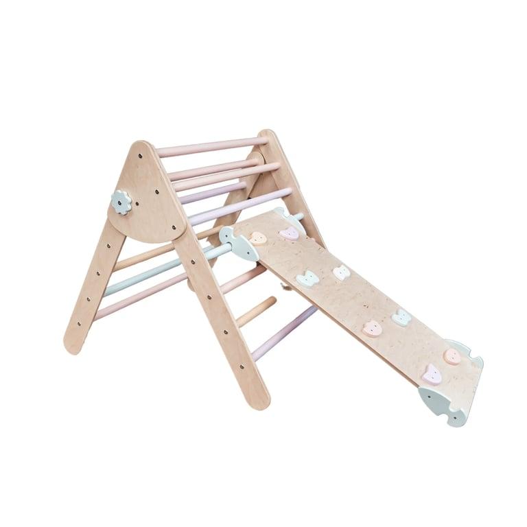 Montessori Wood and Hearts Climbing Triangle Frame Large With Ramp Natural and Pastel