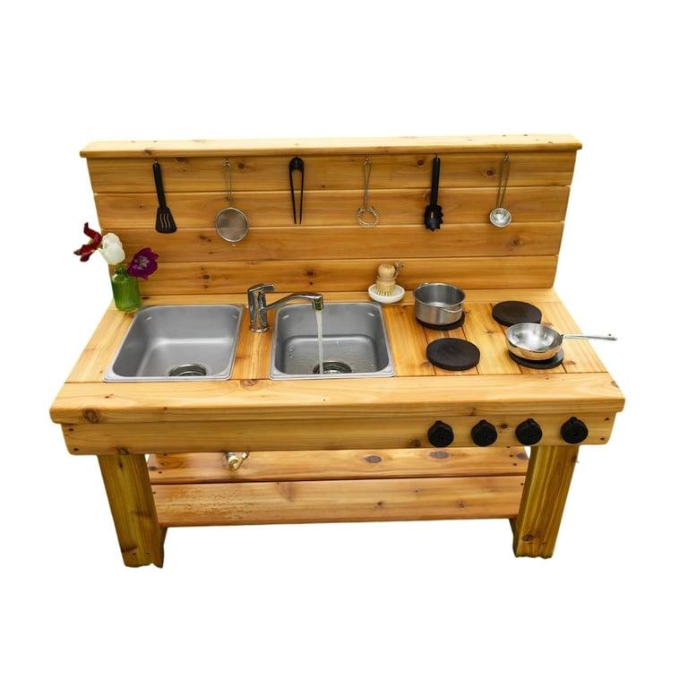 Montessori Noble Wooden Toys Mud Kitchen With Faucet, Stove, and 1 Drain Unfinished