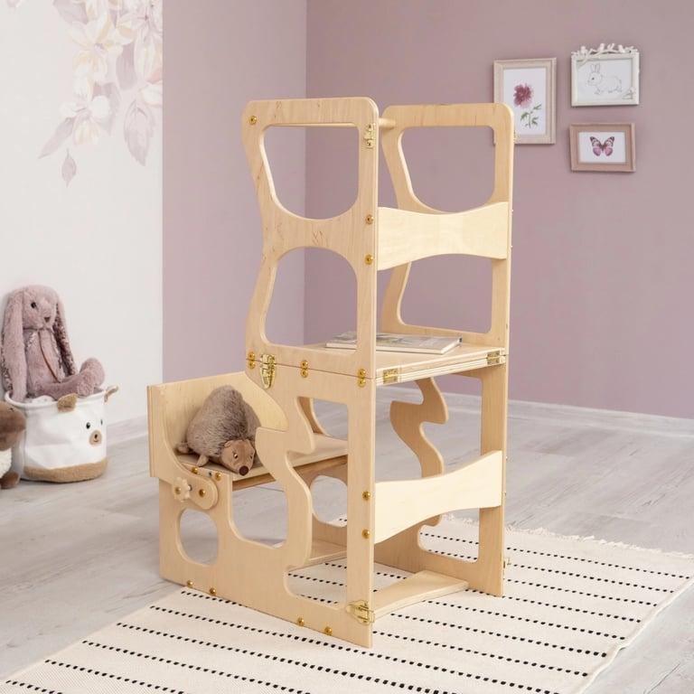 Montessori Wood and Hearts Convertible Kitchen Tower Natural Wood Neckline