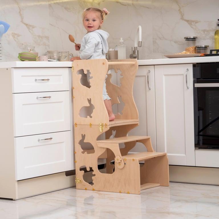 Montessori Wood and Hearts Convertible Kitchen Tower Natural Wood Animals