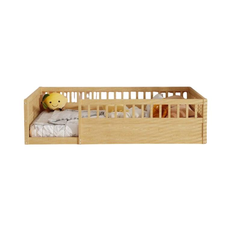 Montessori Bed Bath & Beyond Twin Size Wooden Floor Bed Frame With Fence and High Guardrails Natural